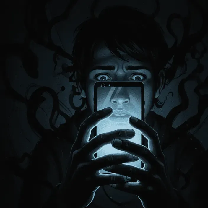 Pessoa segurando o celular com as duas mãos, olhos arregalados, hesitando antes de publicar